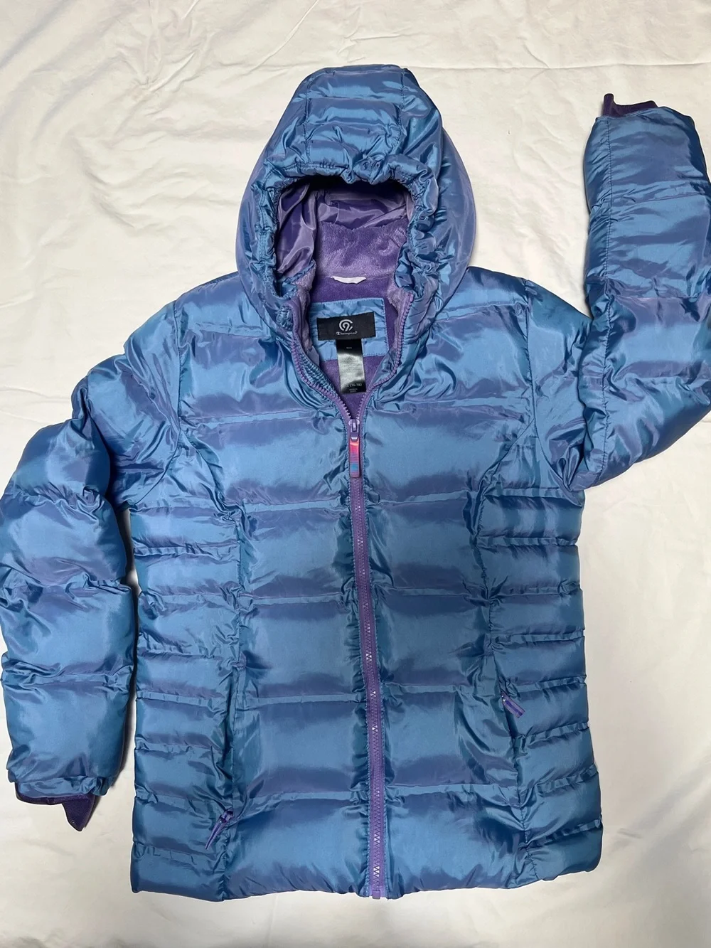 Champion Girls XL 14-16 Hooded Puffer Coat Blue Fleece Lined Thumbhole Cuffs